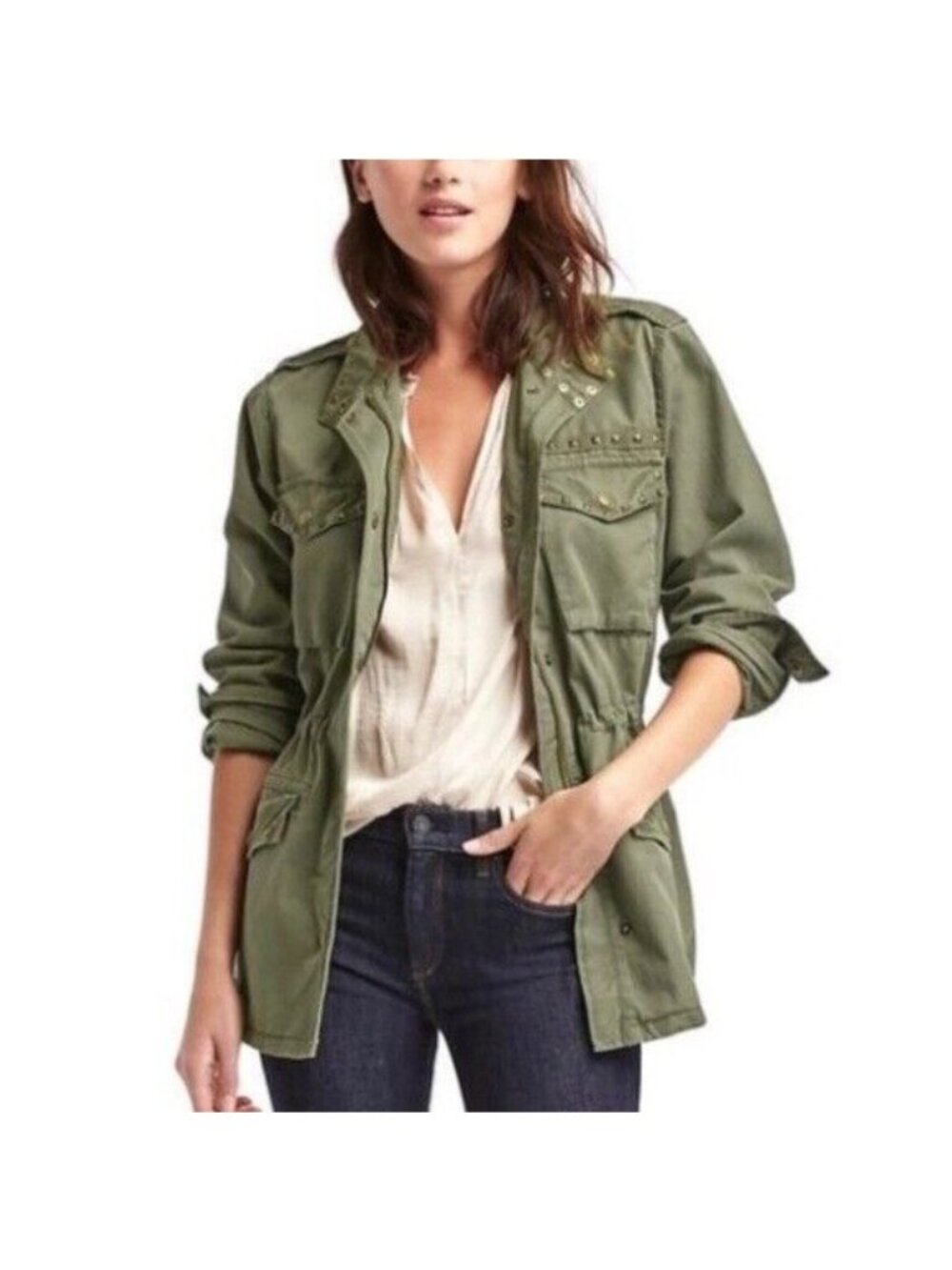 GAP Utility Jacket Coat Small Studded Army Green Pockets Cinch Waist Cotton - Picture 7 of 8